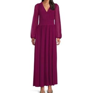 Marina Long illusion sleeve V-neck chiffon Maxi Dress, Size Large